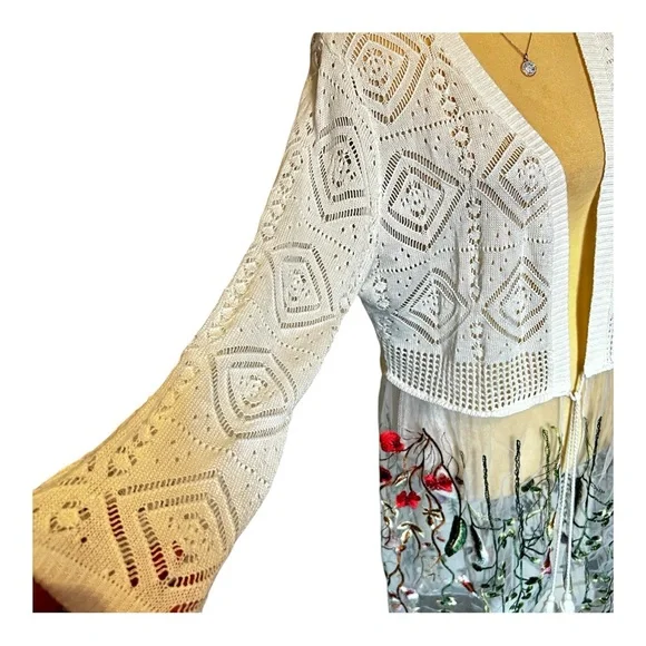 Absolutely Famous Open Knit Cardigan Duster Sz XL White Lower Embroidered Mesh - Picture 4 of 11